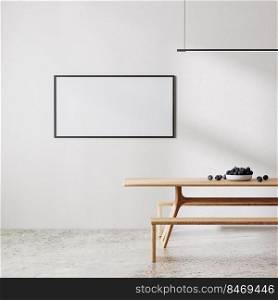 horizontal frame mock up in modern room minimalist interior with white all with sunlight and shadow, wooden table with benches,  dinning room, 3d rendering