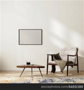horizontal frame mock up in scandinavian minimalist interior background with armchair with blanket and coffee table, rug, empty white wall mock up, 3d rendering