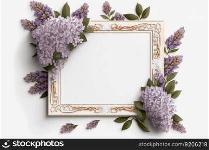Horizontal frame with lilac flowers on the white background, AI Generative
