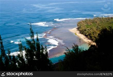 Horizontal image of Kee beach from Kalalau trail on Na Pali coast of Kauai