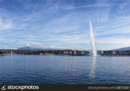 Horizontal image of Lake Geneva, Switzerland, with famous Jet d Eau fountain in background on nice sunny day
