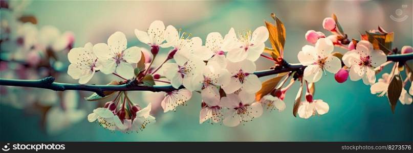 Horizontal image with cherry blossom, sakura. Generative AI