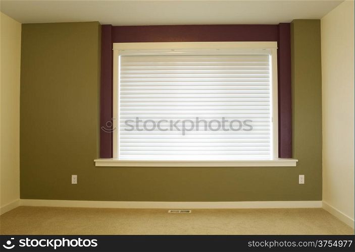 Horizontal photo of interior residential home accent wall painted green with large window and shade in background