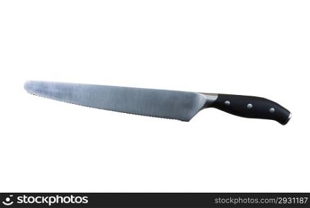 Horizontal photo of large serrated knife isolated on white