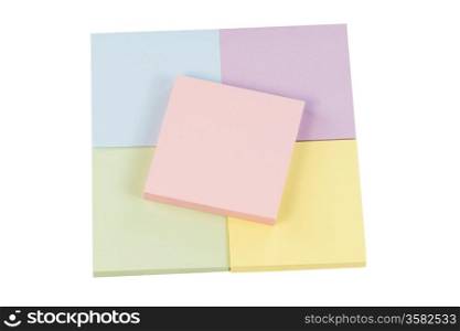 Horizontal photo of multiple color sticker notes isolated on white background