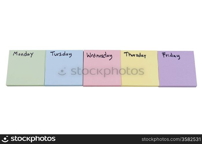 Horizontal photo of multiple color stickers, displaying day of week on each separate color, isolated on white background