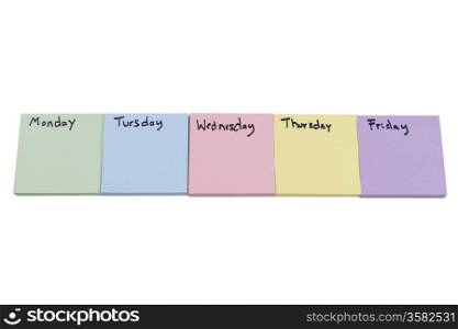 Horizontal photo of multiple color stickers, displaying day of week on each separate color, isolated on white background