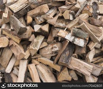horizontal picture of firewood ready to burn in closeup