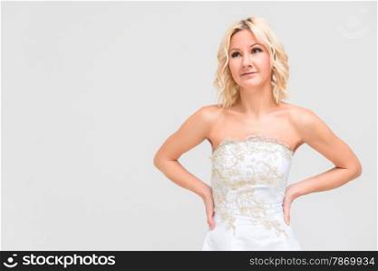 Horizontal portrait of a bride on a white background