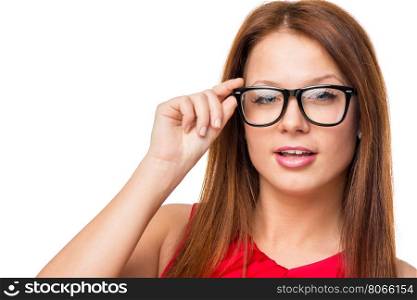 horizontal portrait of charming brunette in glasses on a white background