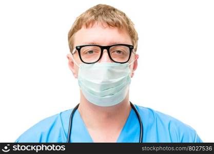 horizontal portrait of doctor of in a protective mask closeup isolated