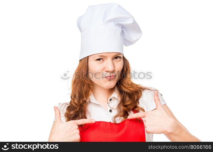 horizontal portrait of successful cook on a white background