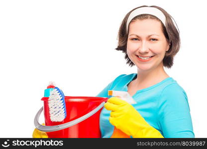 horizontal portrait of the 30 year old housewife on a white background