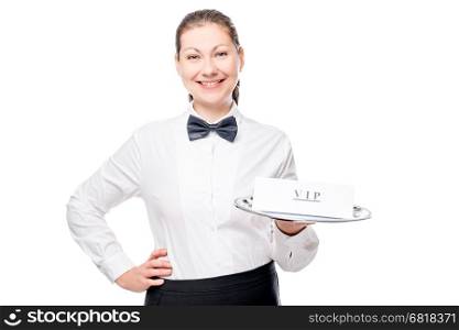 horizontal portrait of the girl waiter in a shirt and bow tie isolated
