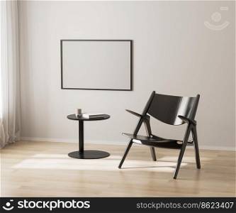 horizontal poster frame mockup on white wall, black chair and coffee table, 3d render
