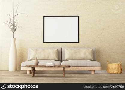 Horizontal poster mockup in neutral style interior living room with low sofa, ceramic jug, side table, wicker basket and books on empty concrete wall background. 3d render.