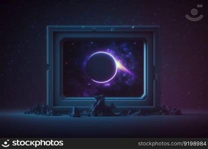 horizontal sci-fi space glow frame mockup neon purple blue lights generative ai.