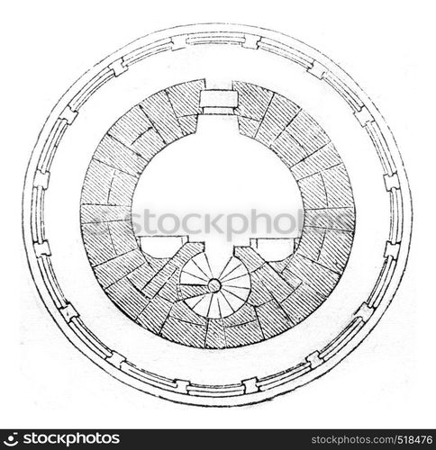 Horizontal section in the upper tower, vintage engraved illustration. Magasin Pittoresque 1845.