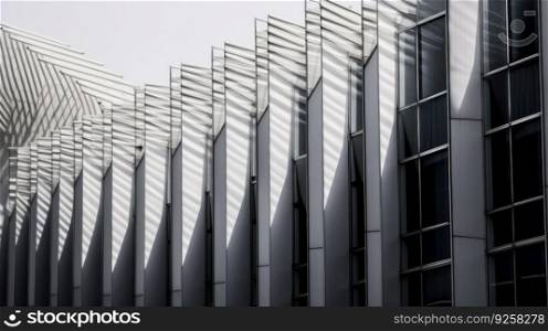 Horizontal shot abstract buildings with white metallic ribs and glass windows. Generative AI AIG21.