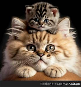 Horizontal shot of a cute cat with her baby 3d illustrated