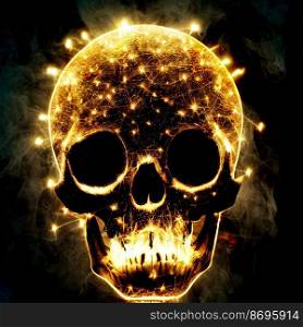 Horizontal shot of a human skull glowing with rage 3d illustrated