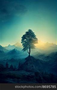 Horizontal shot of a mystical magical tree with view of mountains in galaxy 3d illustrated