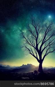 Horizontal shot of a mystical magical tree with view of stars in galaxy 3d illustrated