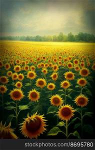 Horizontal shot of a peaceful sunflower field with raindrops 3d illustrated