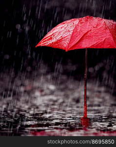 Horizontal shot of a red umbrella in rain, Being alone at rain 3d illustrated