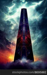 Horizontal shot of a scary, bloody obelisk is activated 3d illustrated