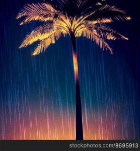 Horizontal shot of a strong  palm tree against the heavy rain 3d illustrated