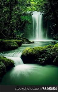 Horizontal shot of a untouched beautiful waterfall at green forest 3d illustrated
