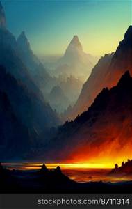 Horizontal shot of a untouched strong mountains with beautiful sight 3d illustrated