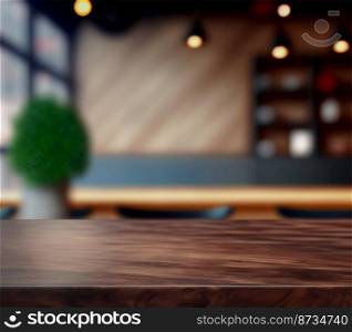 Horizontal shot of a wooden table for product placement and product advertisement in restaurant 3d illustrated