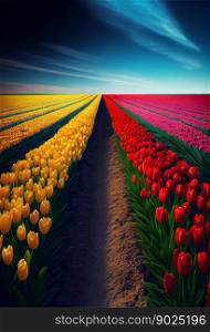 Horizontal shot of beautiful colorful tulip fields