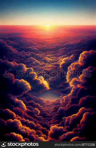 Horizontal shot of Colorful mystical clouds at sun set 3d illustrated
