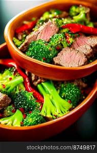 Horizontal shot of delicious Beef with broccoli 3d illustrated