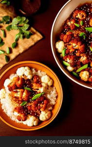 Horizontal shot of delicious general tso cauliflower dish 3d illustrated