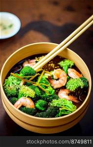 Horizontal shot of delicious general tso shrimp with broccoli 3d illustrated