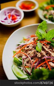Horizontal shot of delicious larb gai chicken salad 3d illustrated