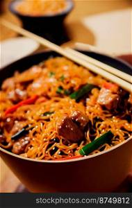 Horizontal shot of delicious panda express chow mein 3d illustrated