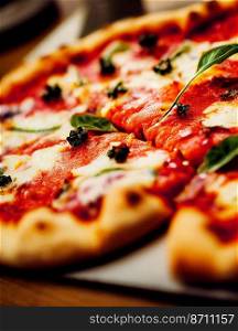 Horizontal shot of delicious pizza close up 3d illustrated