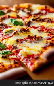 Horizontal shot of delicious pizza close up view 3d illustrated
