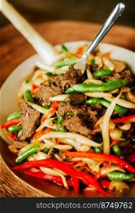Horizontal shot of delicious thai style chili beef 3d illustrated