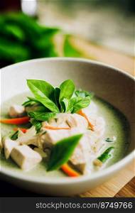 Horizontal shot of delicious thai style green curry 3d illustrated