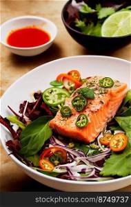 Horizontal shot of delicious thai style salmon 3d illustrated