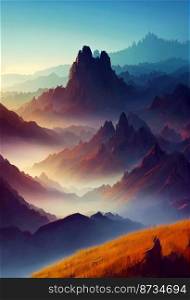 Horizontal shot of foggy beautiful mountains 3d illustrated