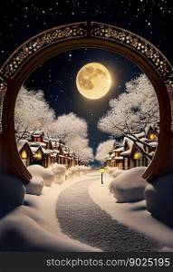 Horizontal shot of magical romantic village with moons at winter