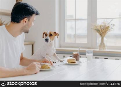Horizontal shot of man and dog eat together, pose at kitchen table against big windoww, look at each other, have good relationship, enjoy domestic atmosphere. Home, animals, nutrition concept