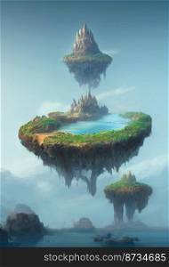 Horizontal shot of mystical magical floating island 3d illustrated
